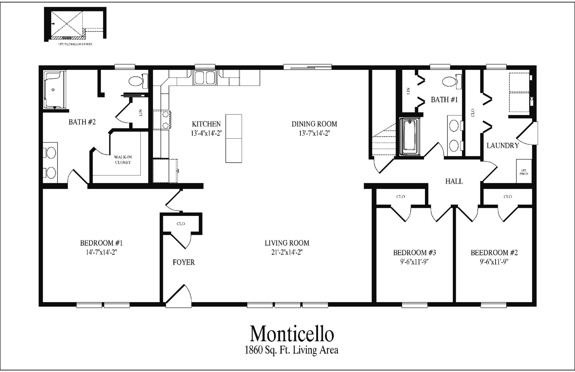 Floor plan of a home labeled Monticello, with rooms including bedrooms, kitchen, and living area.