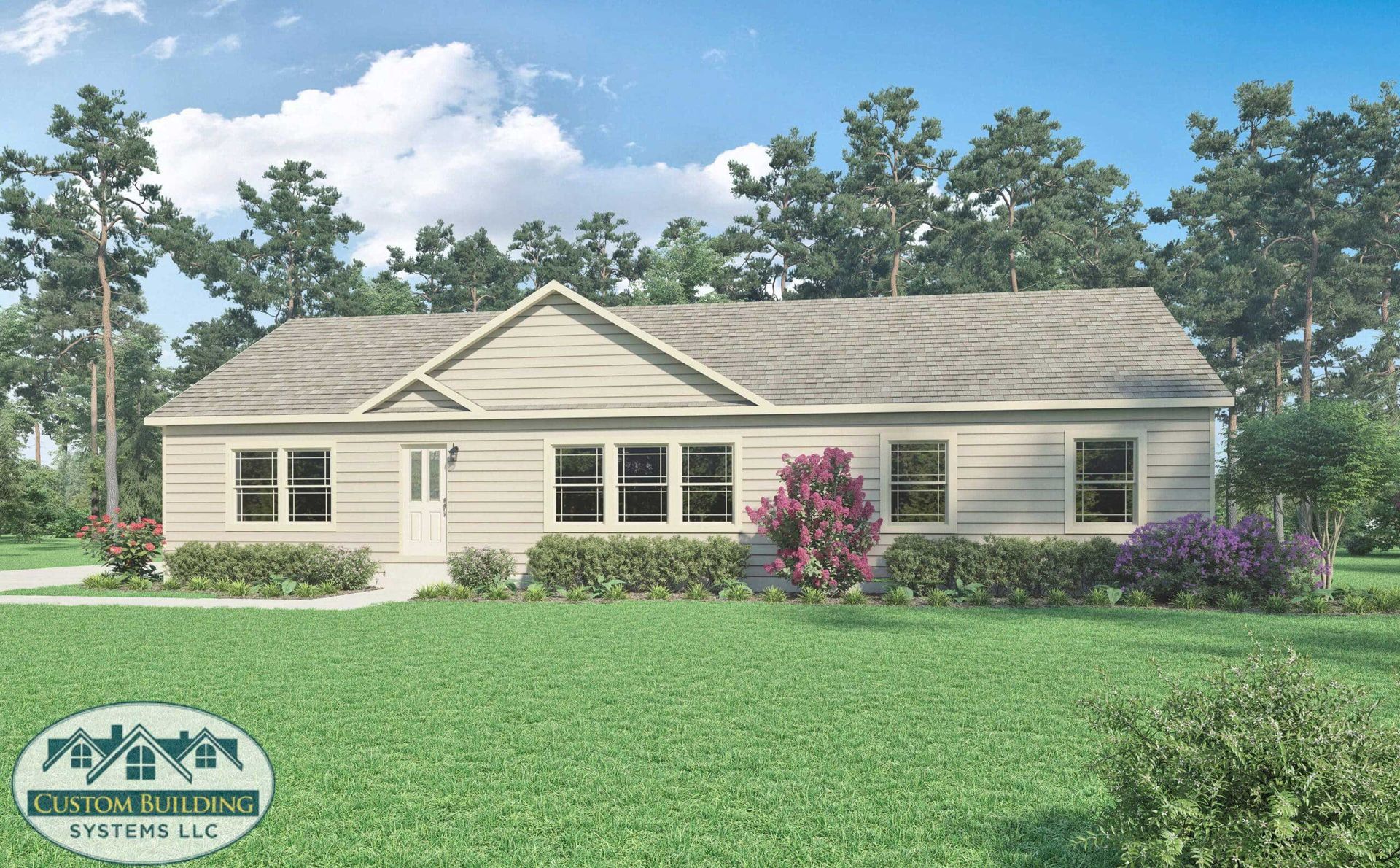 Light beige ranch-style house with green lawn, bushes, trees, and blue sky.