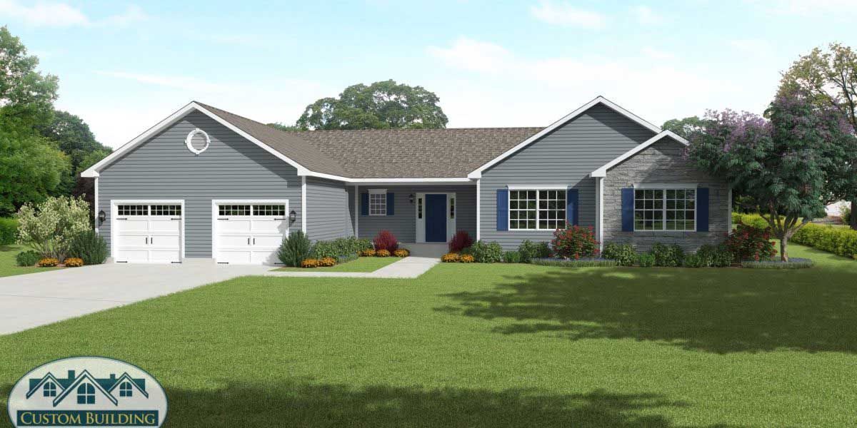 Blue house with white garage doors, blue shutters, and green lawn.