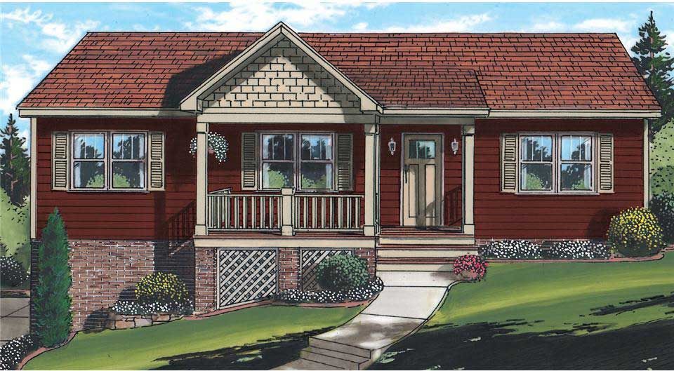 Red-sided bungalow house with a porch, brick foundation, and walkway on a grassy hill.