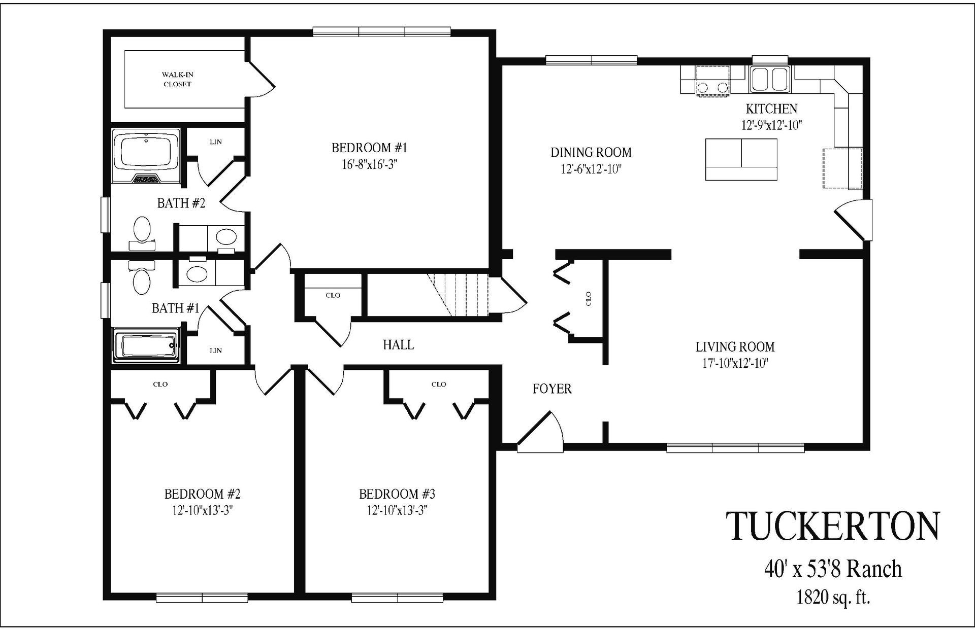 Floor plan of a ranch-style house; shows layout of rooms, including bedrooms, kitchen, and living area.