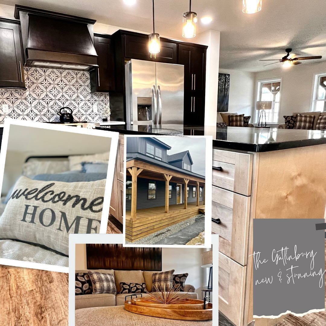 Collage of a kitchen, bedroom, home exterior, and living room with neutral tones and farmhouse decor.