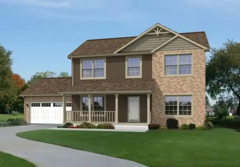 Two-story house with brown siding and brick facade, covered porch, and attached garage on a green lawn.