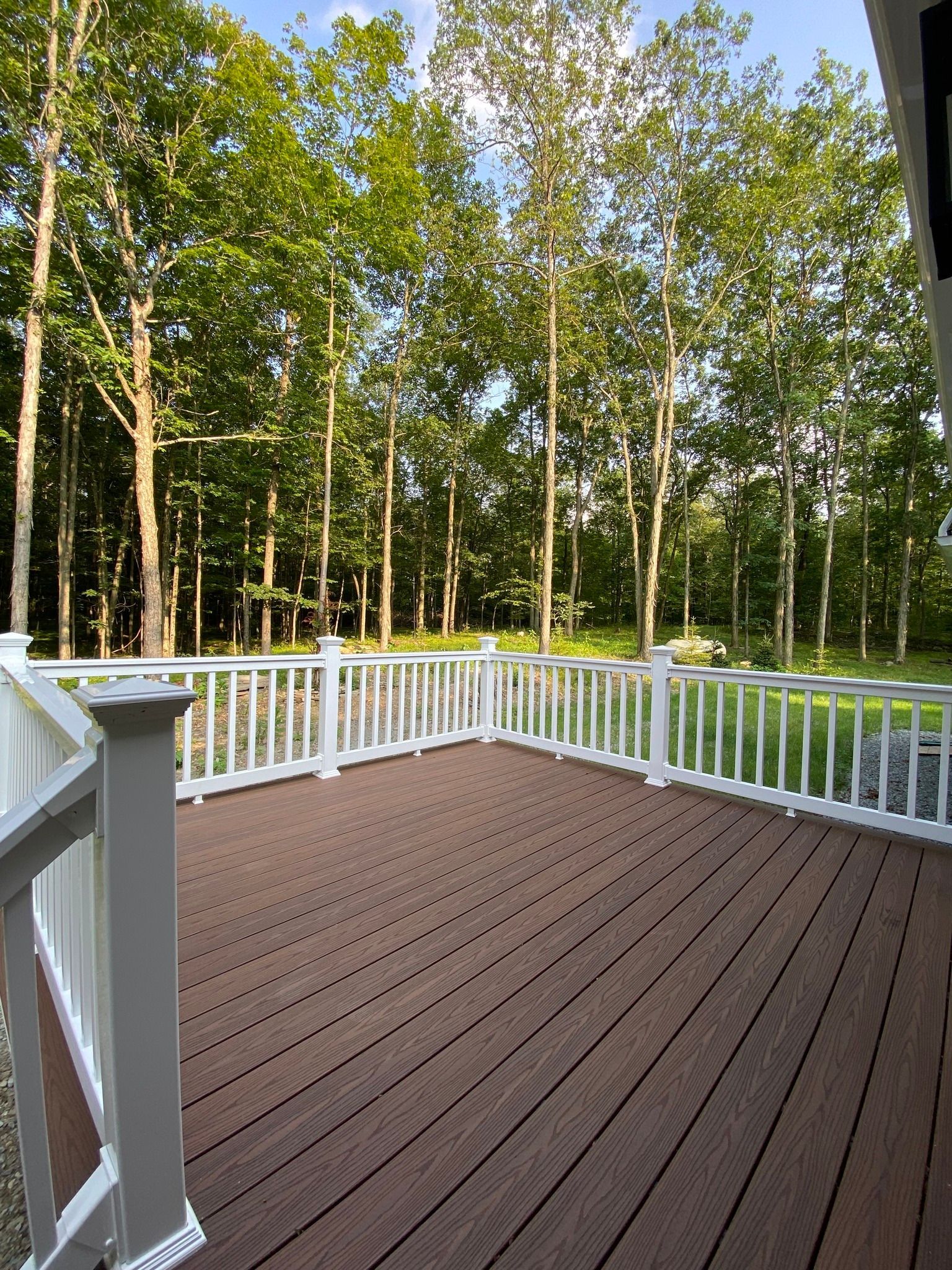 A brown composite deck with white railings overlooks a dense green forest on a sunny day.