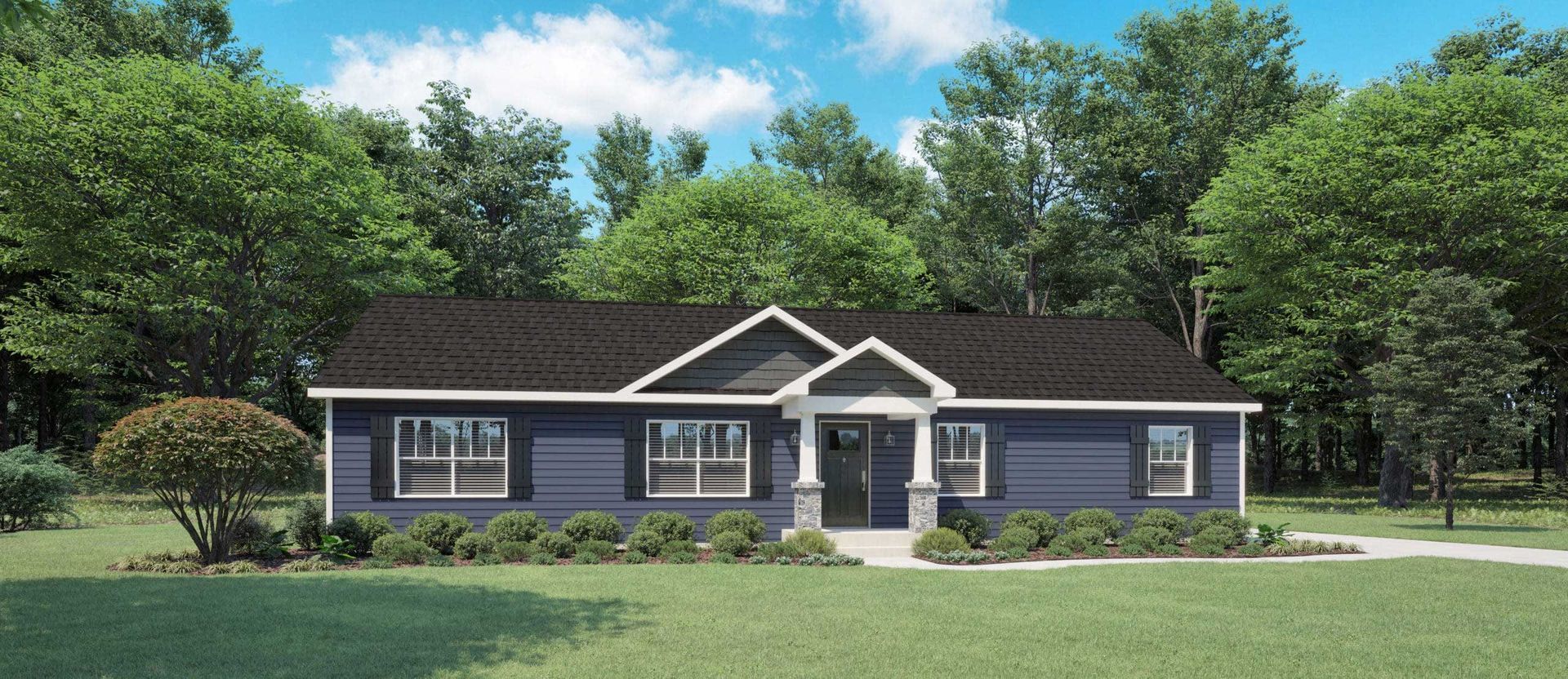 A single-story blue house with a dark roof and a small covered porch, surrounded by green trees and a grassy lawn.