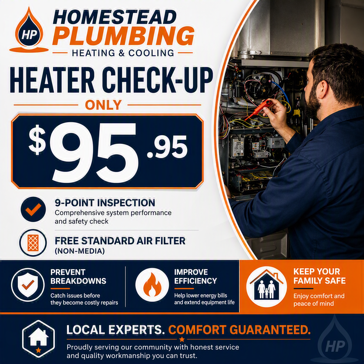 Homestead Plumbing heating check-up ad, $95.95, with technician inspecting a furnace and service features