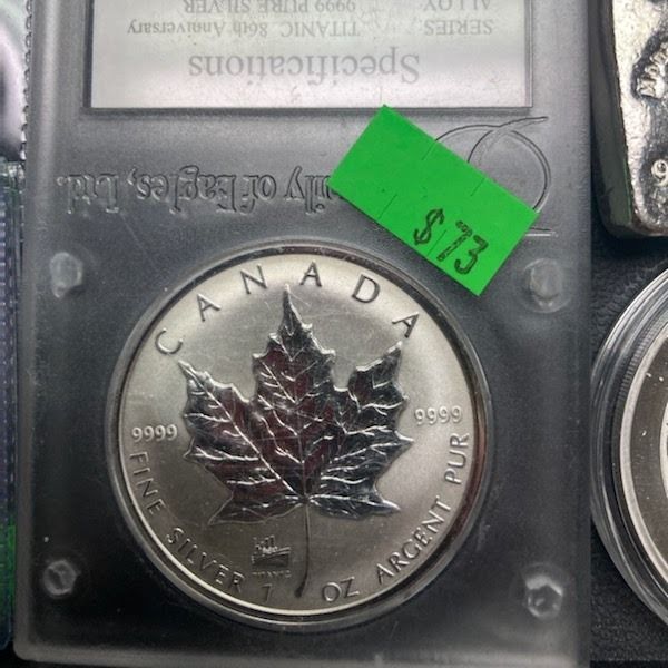 Silver Canadian Maple Leaf coin with green $73 price tag.
