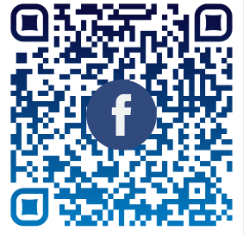 QR code with blue and white pattern, centered with a blue Facebook logo.