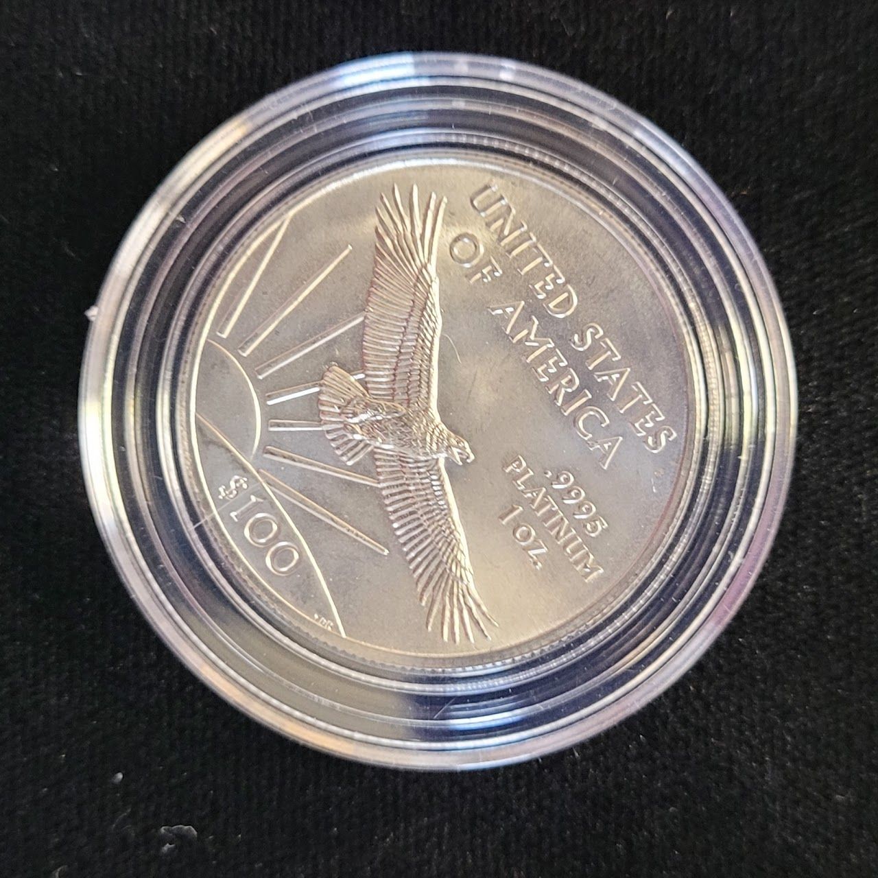 Silver coin showing an eagle with the words 