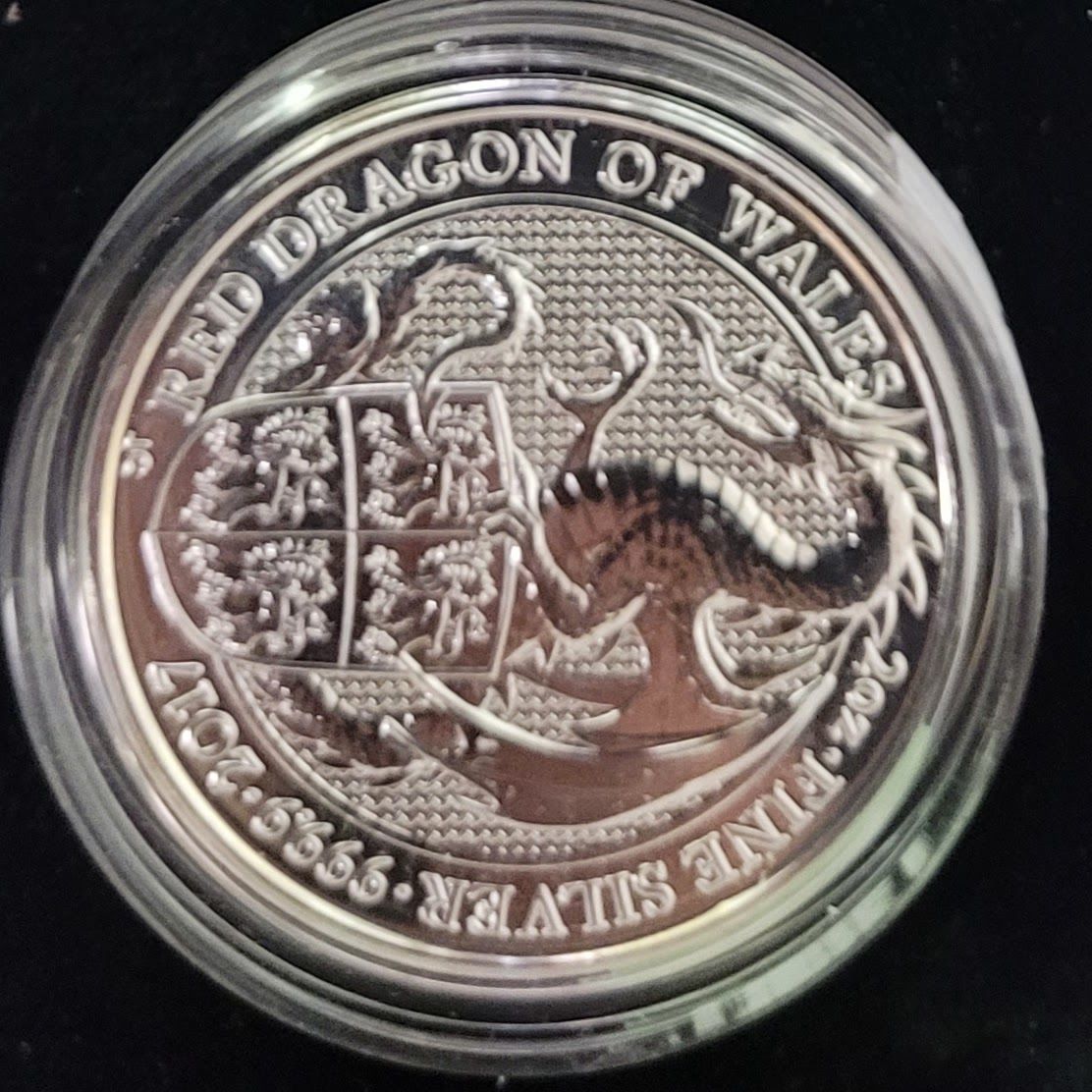 Silver coin featuring a red dragon and shield; inscription: 