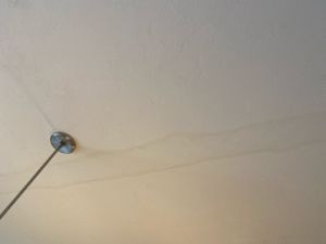 White ceiling with dark, linear water stains and a metal light fixture.