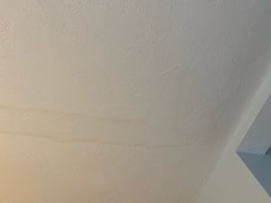 White ceiling with two faint, horizontal lines. Corner of a light blue object is visible on the right.