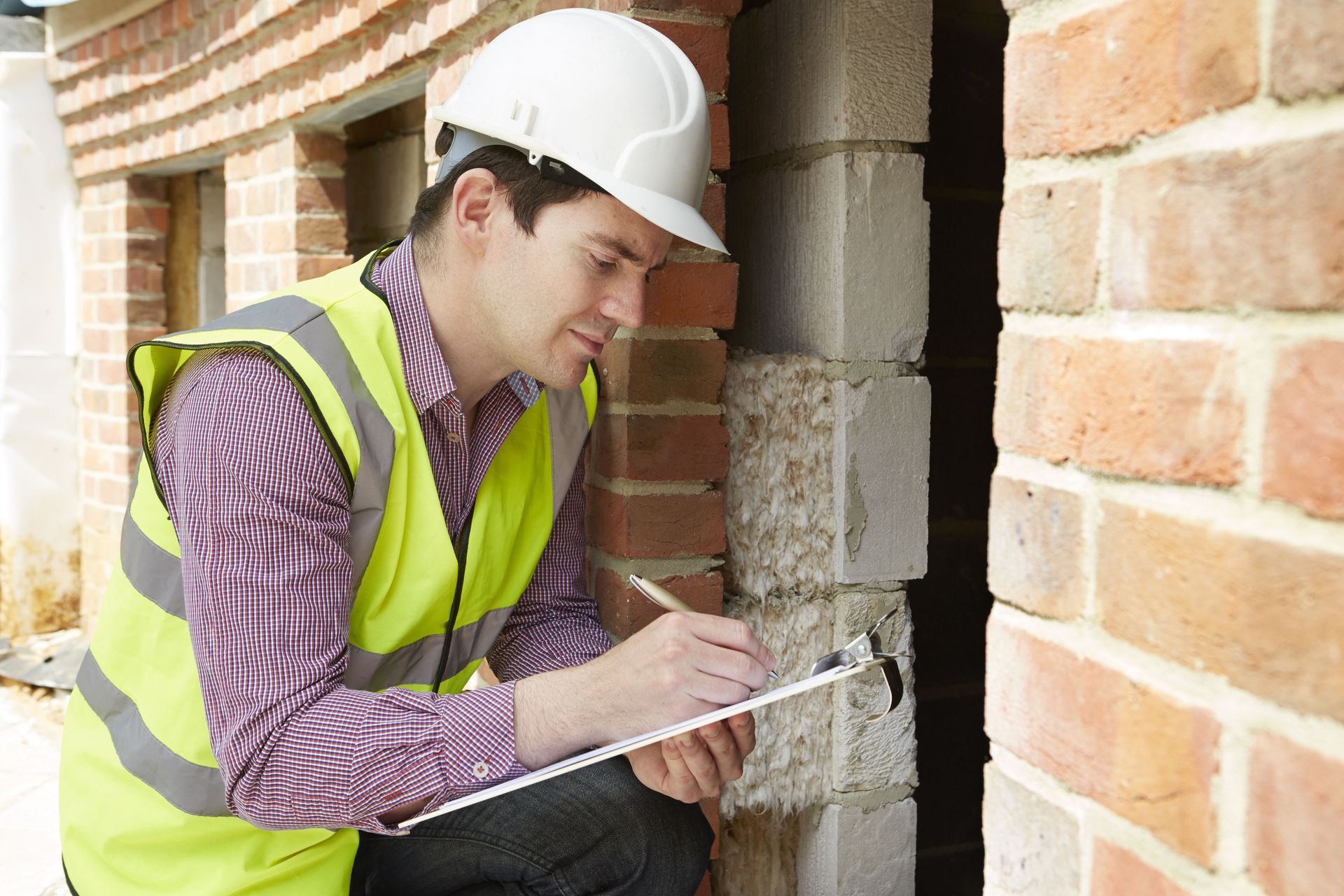 Construction worker in hard hat and safety vest, inspecting brickwork, taking notes.