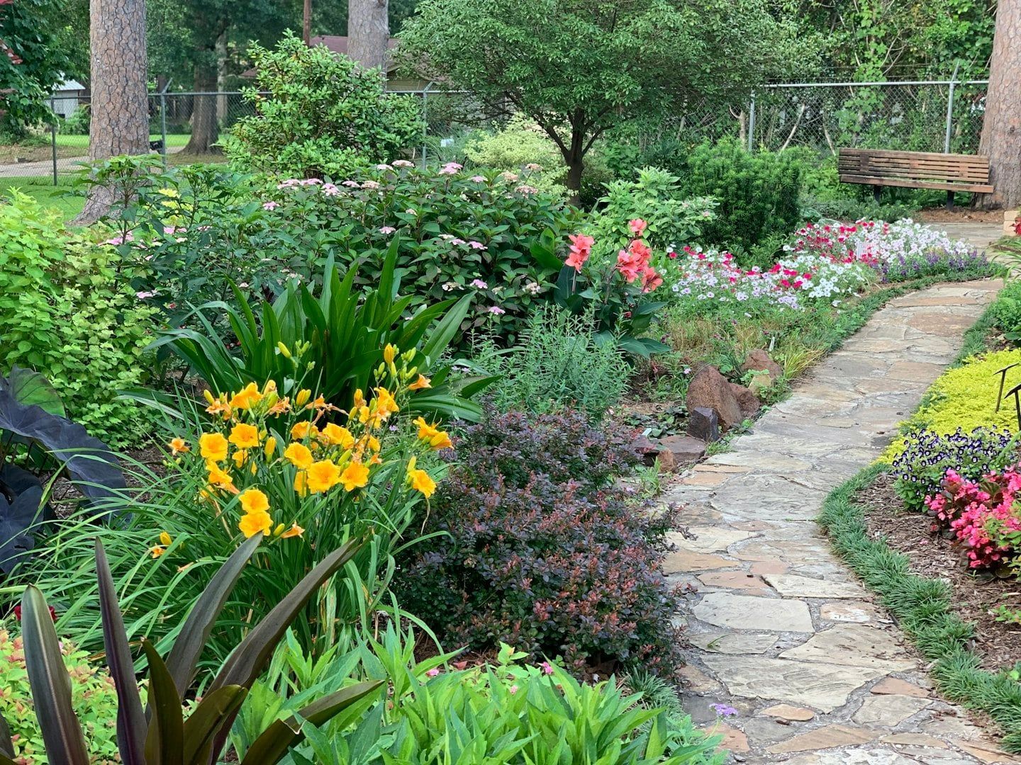 Curving garden path bordered by colorful flowers and lush greenery, with a bench in the background