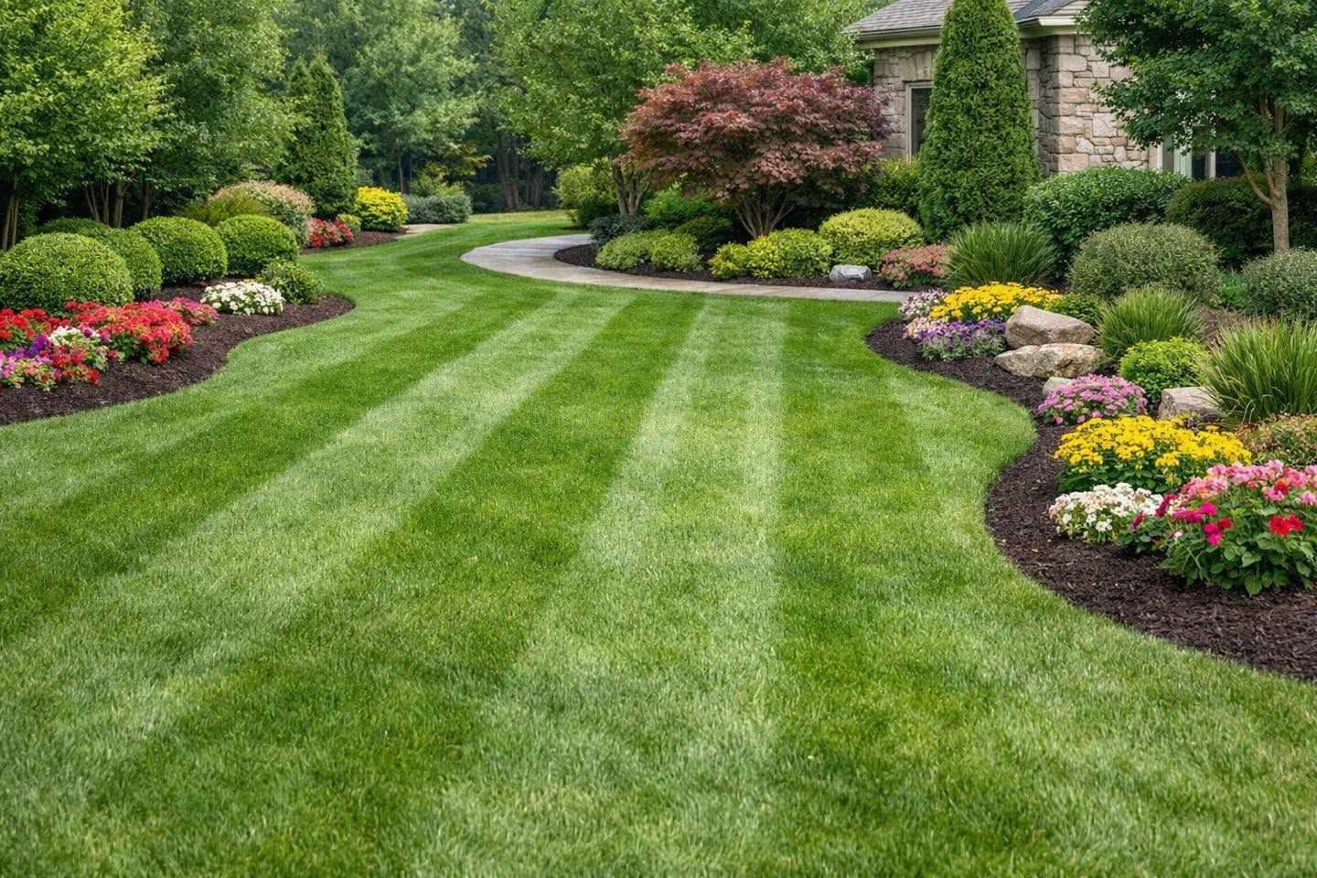 Lush landscaped garden with striped lawn, colorful flower beds, shrubs, and a winding path