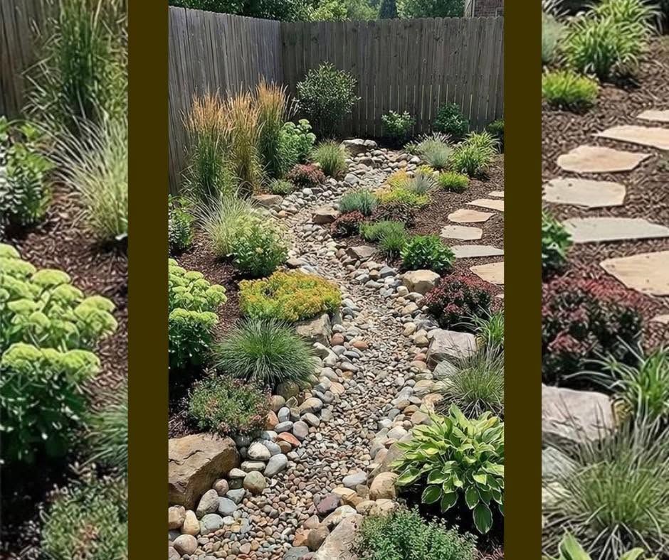 Rock garden path with pebbles, stepping stones, and drought-tolerant plants in a landscaped yard