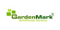 GardenMark Artificial Grass logo in green text with stylized leaf icon on white background