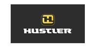 Hustler logo in white on a dark background with a yellow emblem above it