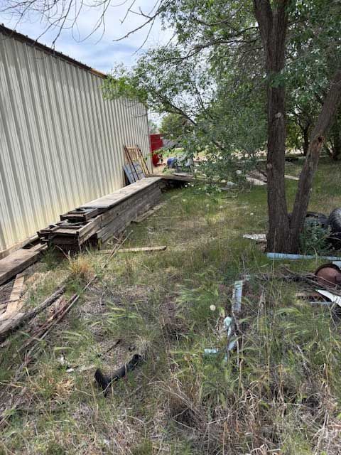 There is a tree in the middle of the grass in front of a building.
