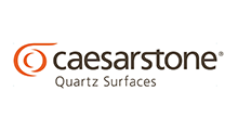 Caesarstone logo with orange spiral and text: Caesarstone Quartz Surfaces.