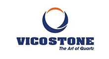 Logo for Vicostone: blue and orange circular design above dark blue text 
