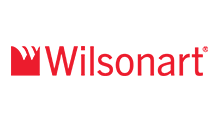 Wilsonart logo: Red square with white stylized design next to red word 