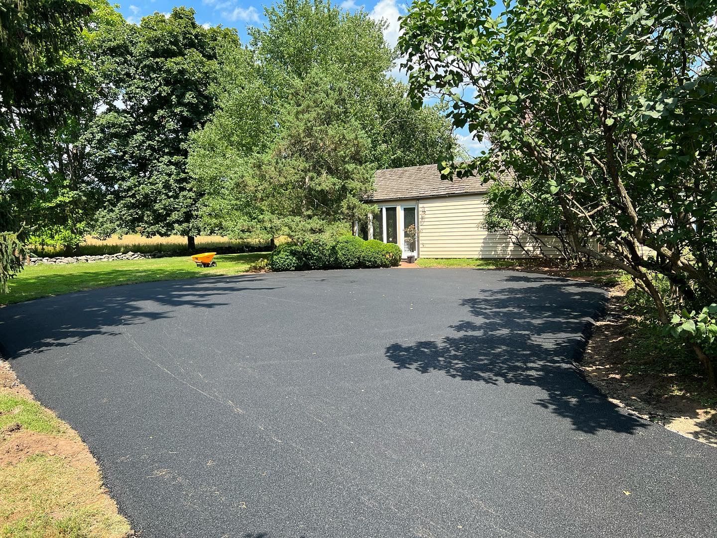 A driveway leading to a house surrounded by trees and grass.
