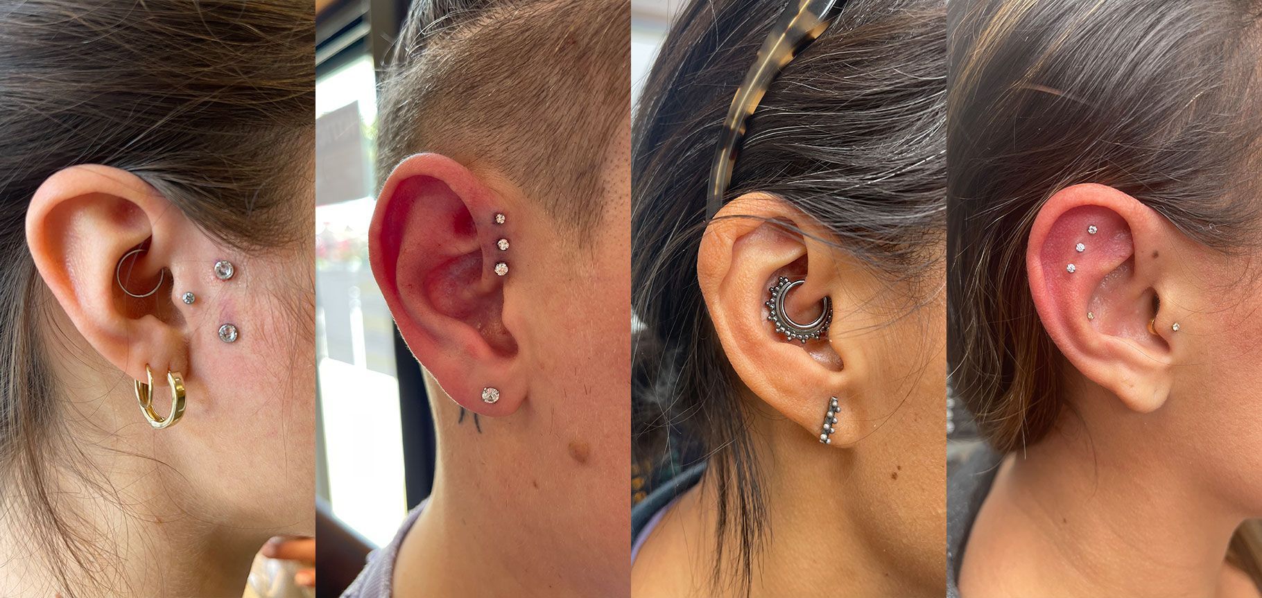 A collage of four pictures of different ear piercings
