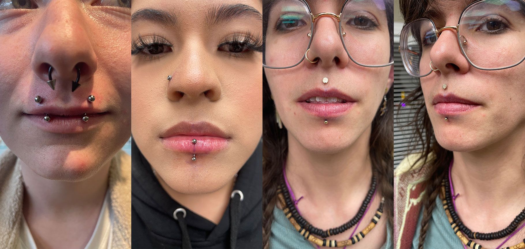 A collage of four pictures of different nose, mouth and lip piercings