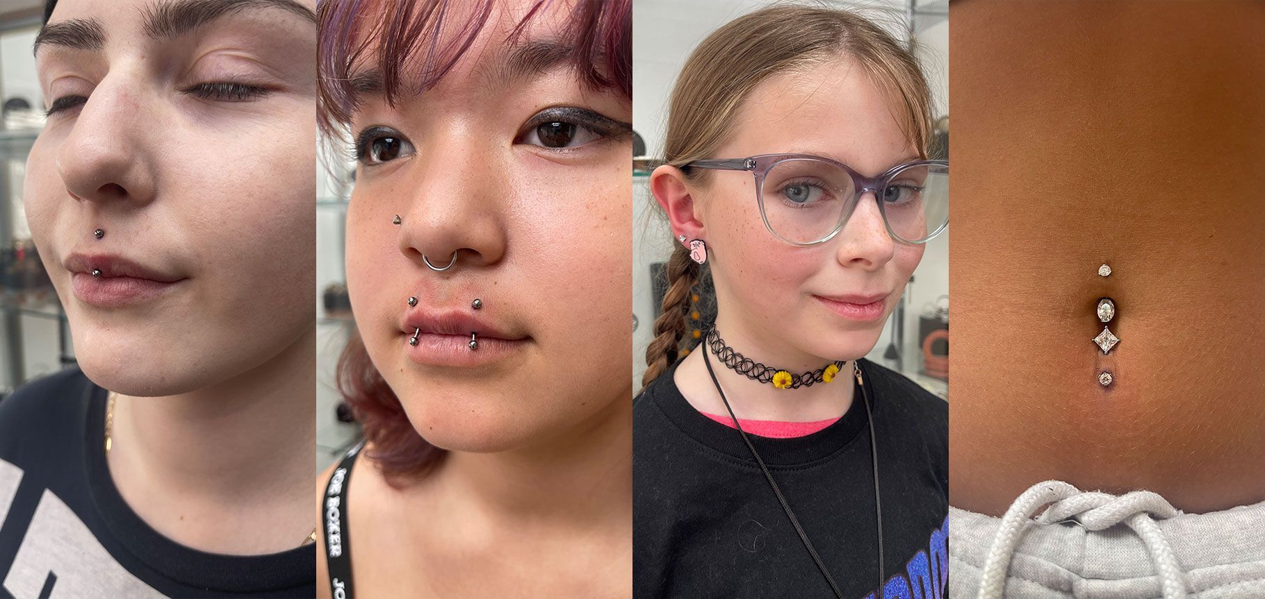 A collage of four pictures of different piercings on faces and belly