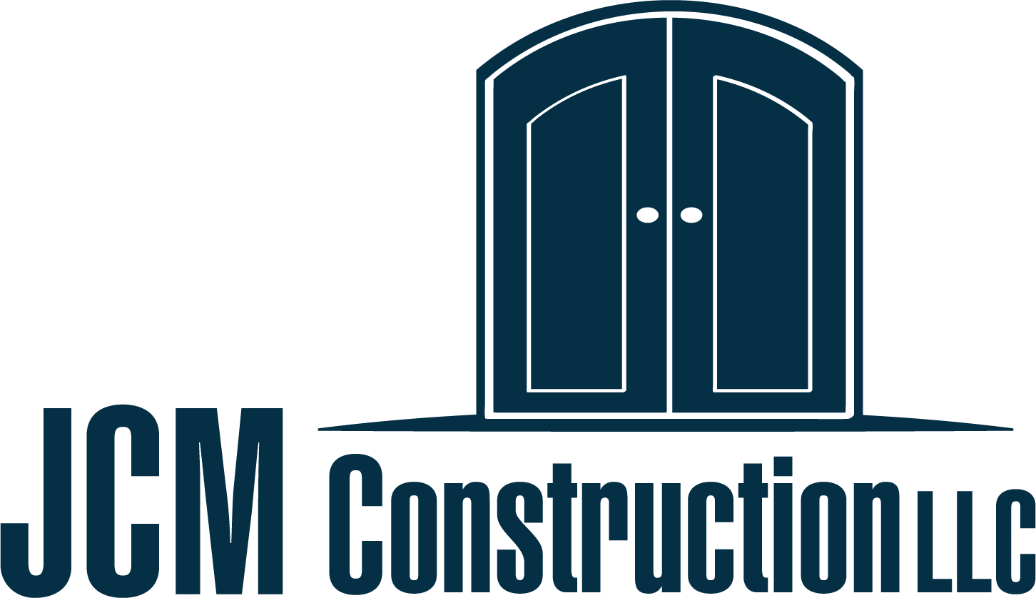 JCM Construction LLC logo with dark blue double-door icon and company name