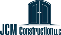 JCM Construction LLC logo with dark blue double-door icon and company name