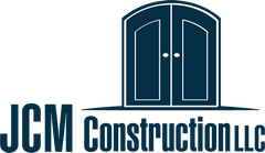 JCM Construction LLC logo with dark blue double-door icon and company name