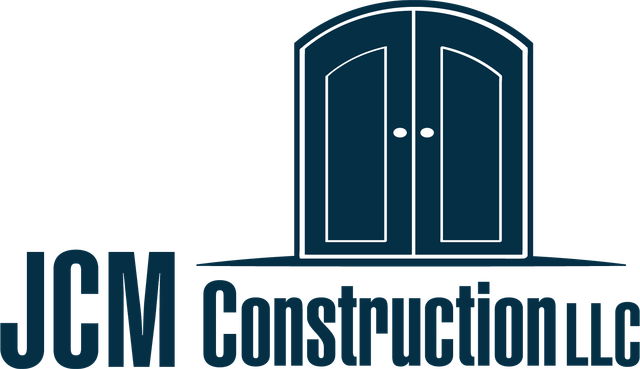 JCM Construction LLC logo with dark blue double-door icon and company name