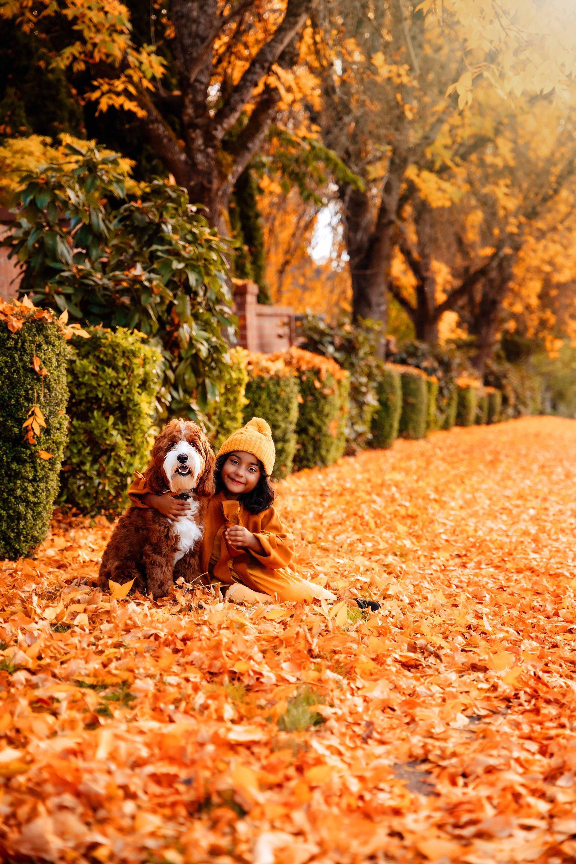 A woman and a dog are sitting on a pile of leaves.