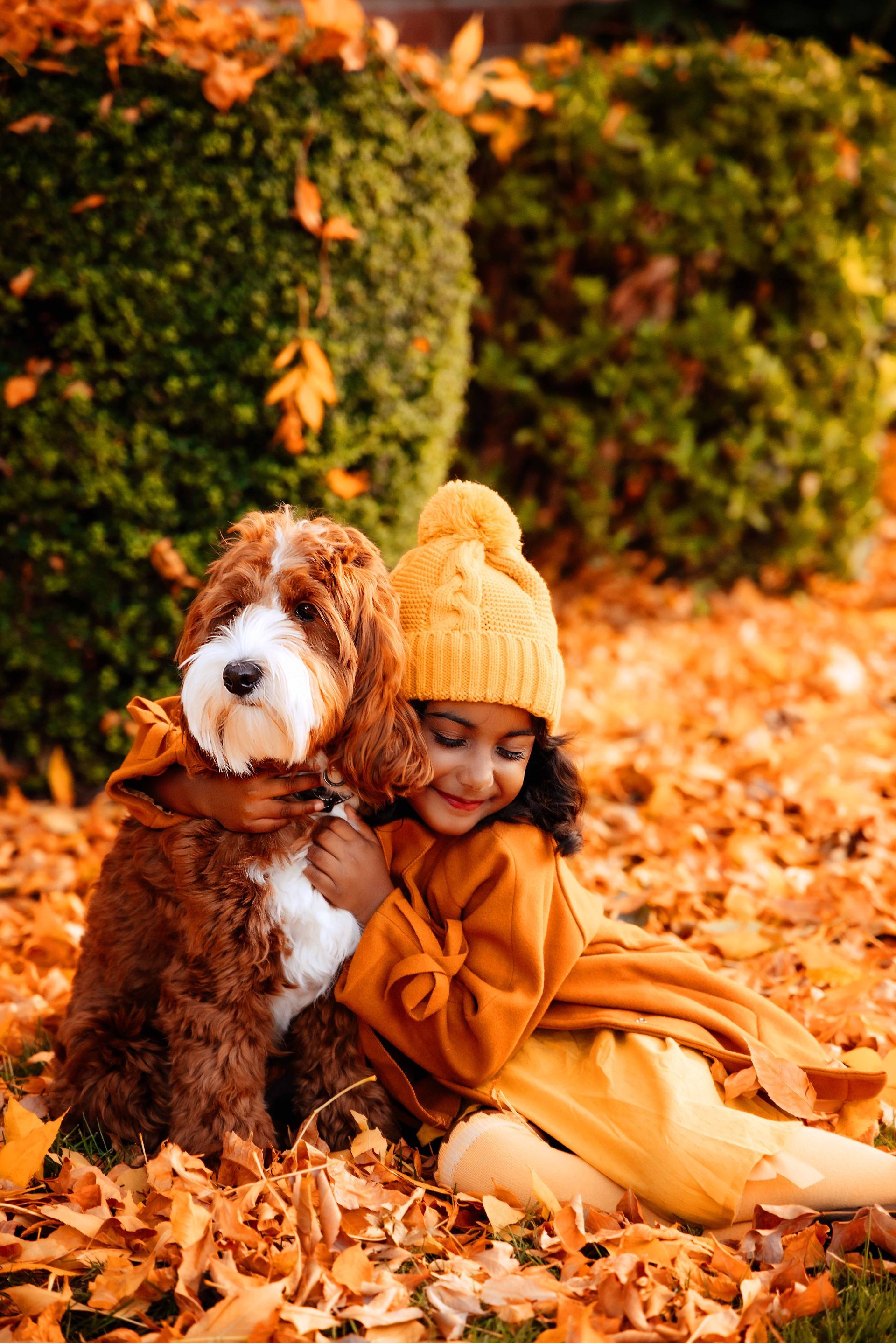 A little girl is sitting in a pile of leaves with a dog.