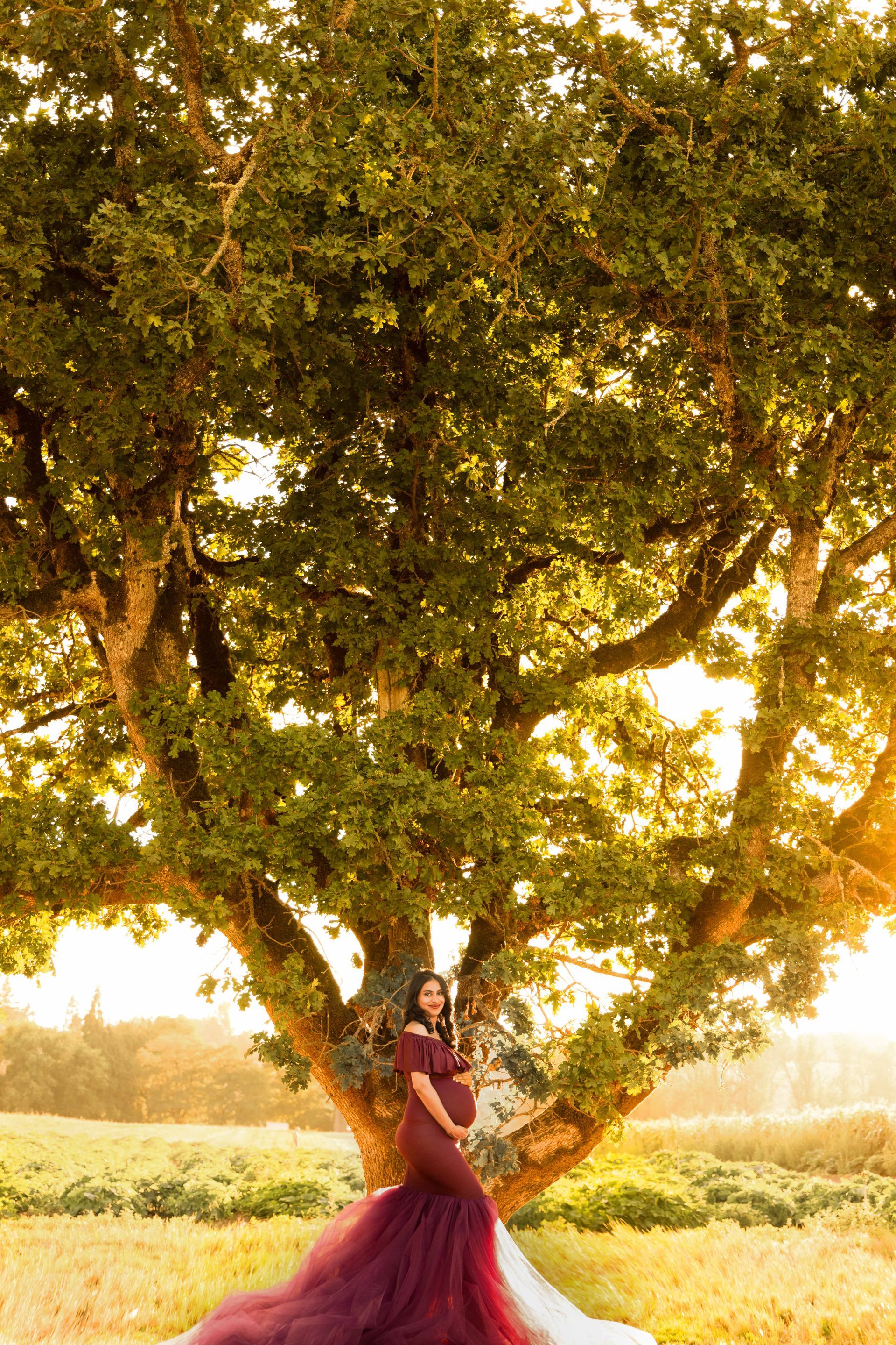 A pregnant woman in a purple dress is standing next to a tree in a field.