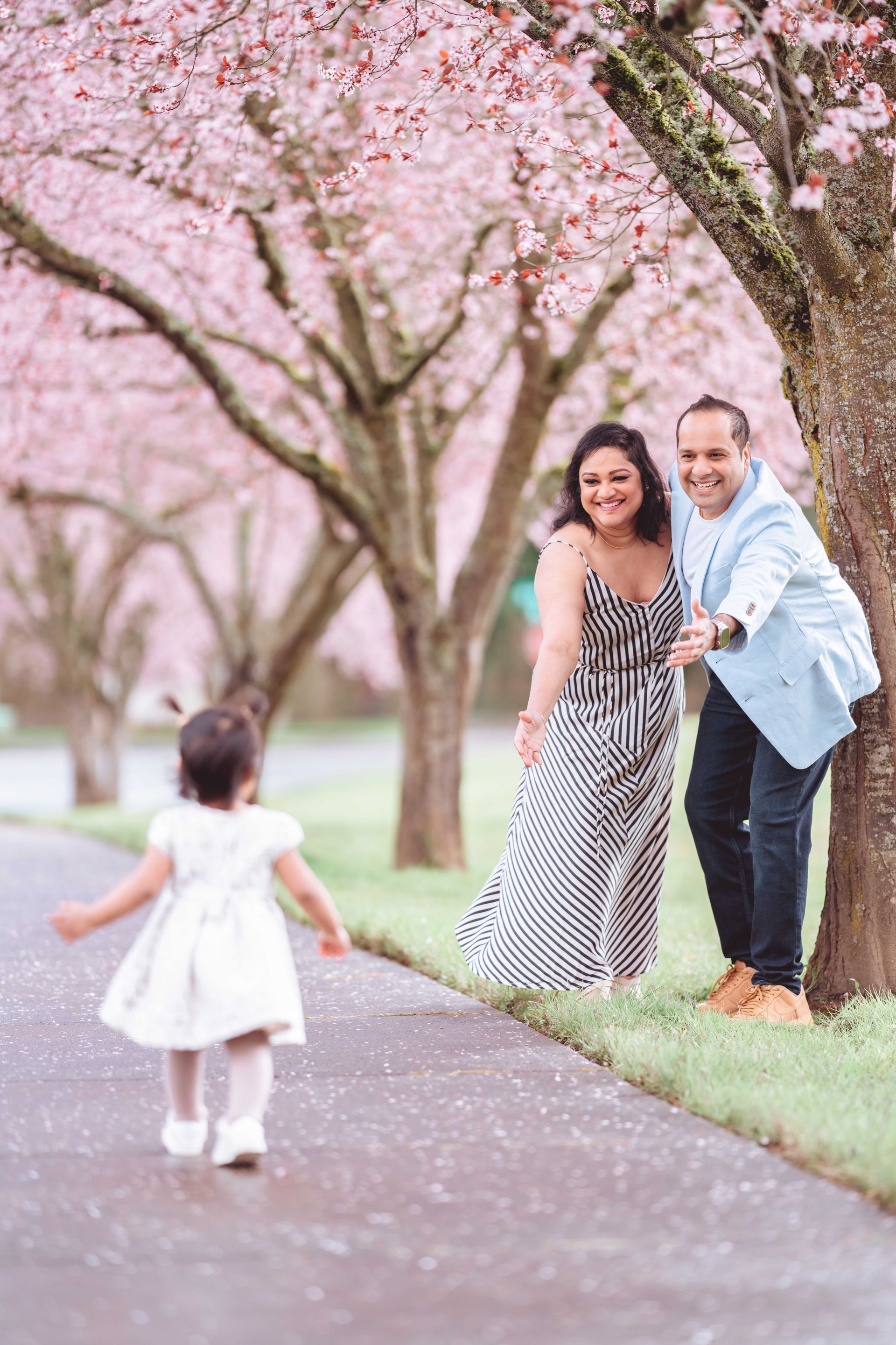 A family is posing for a picture under cherry blossom trees.