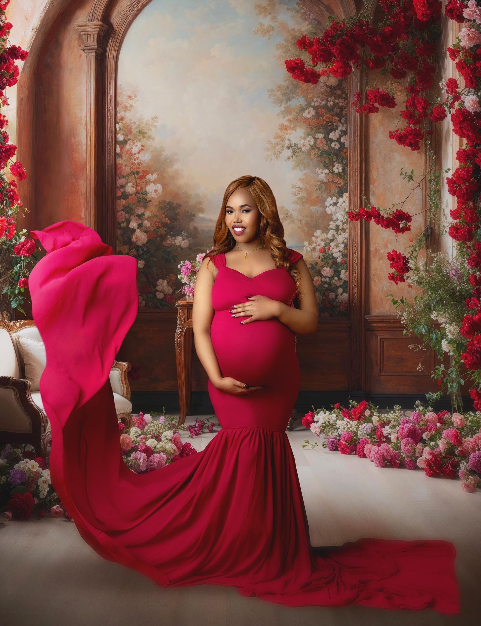 A pregnant woman in a long red dress is standing in a room surrounded by flowers.