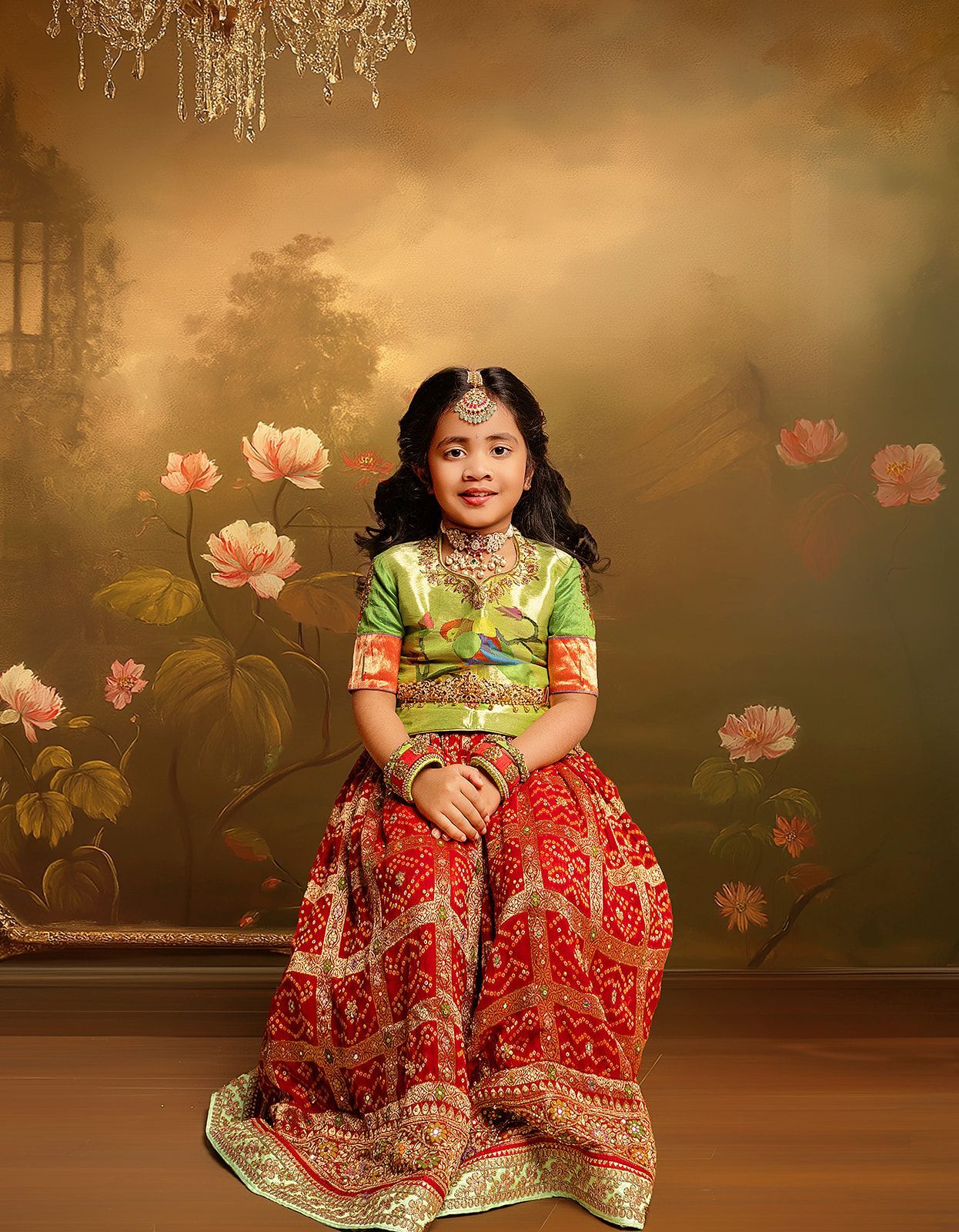 A little girl in a red and green dress is sitting on the floor.