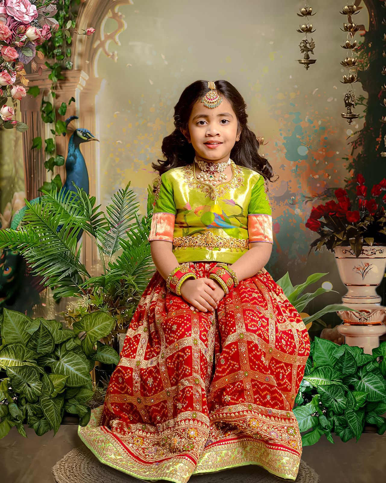A little girl in a red and green dress is sitting in front of a peacock.