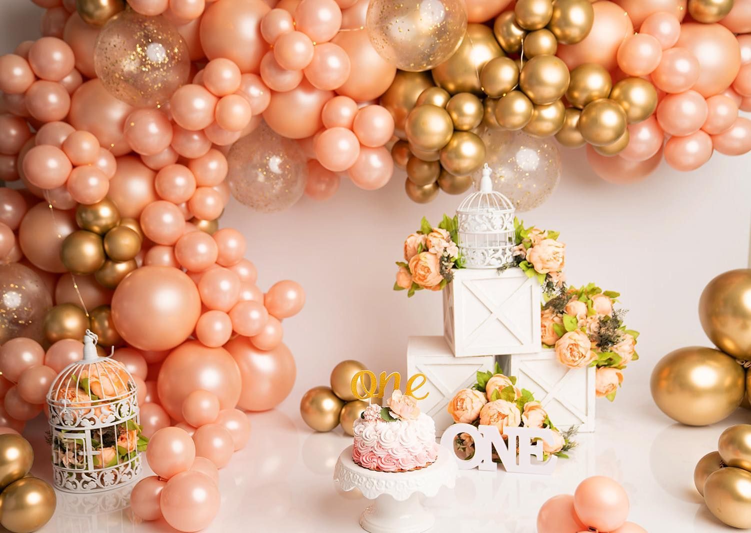 Balloon decoration and birthday cake