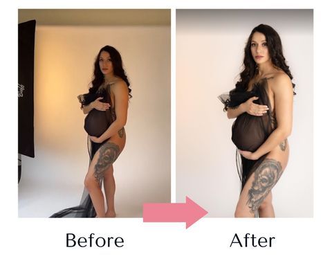 A before and after photo of a pregnant woman in a black dress