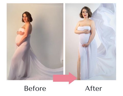 A before and after photo of a pregnant woman in a white dress