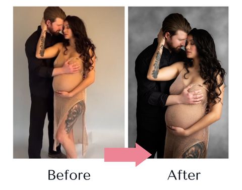 A before and after photo for a maternity photoshoot