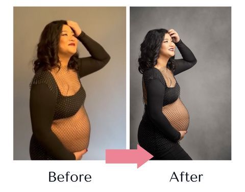 A before and after photo of a pregnant woman in a black dress