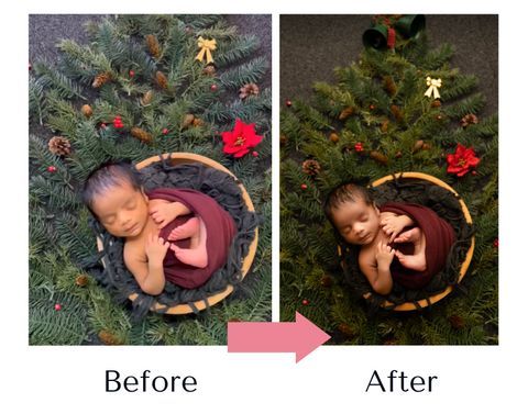 A baby is sleeping in a basket under a christmas tree