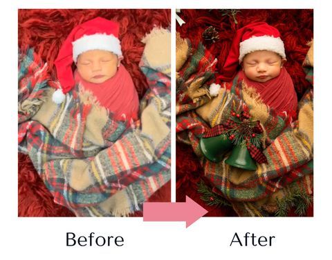 A before and after picture of a baby wrapped in a santa hat