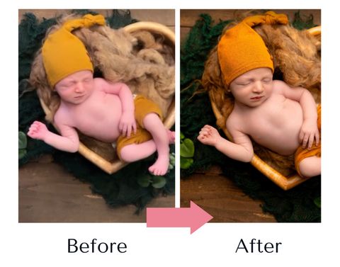 A before and after photo of a baby in a basket