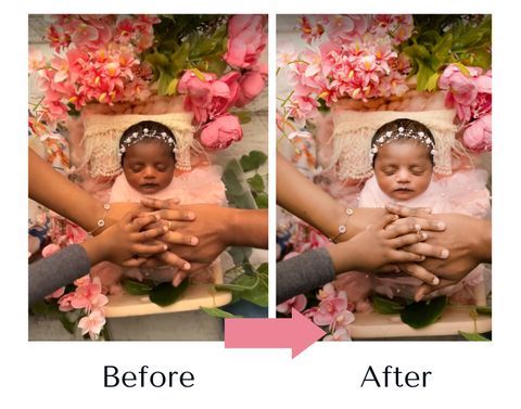 A before and after photo of a baby surrounded by flowers